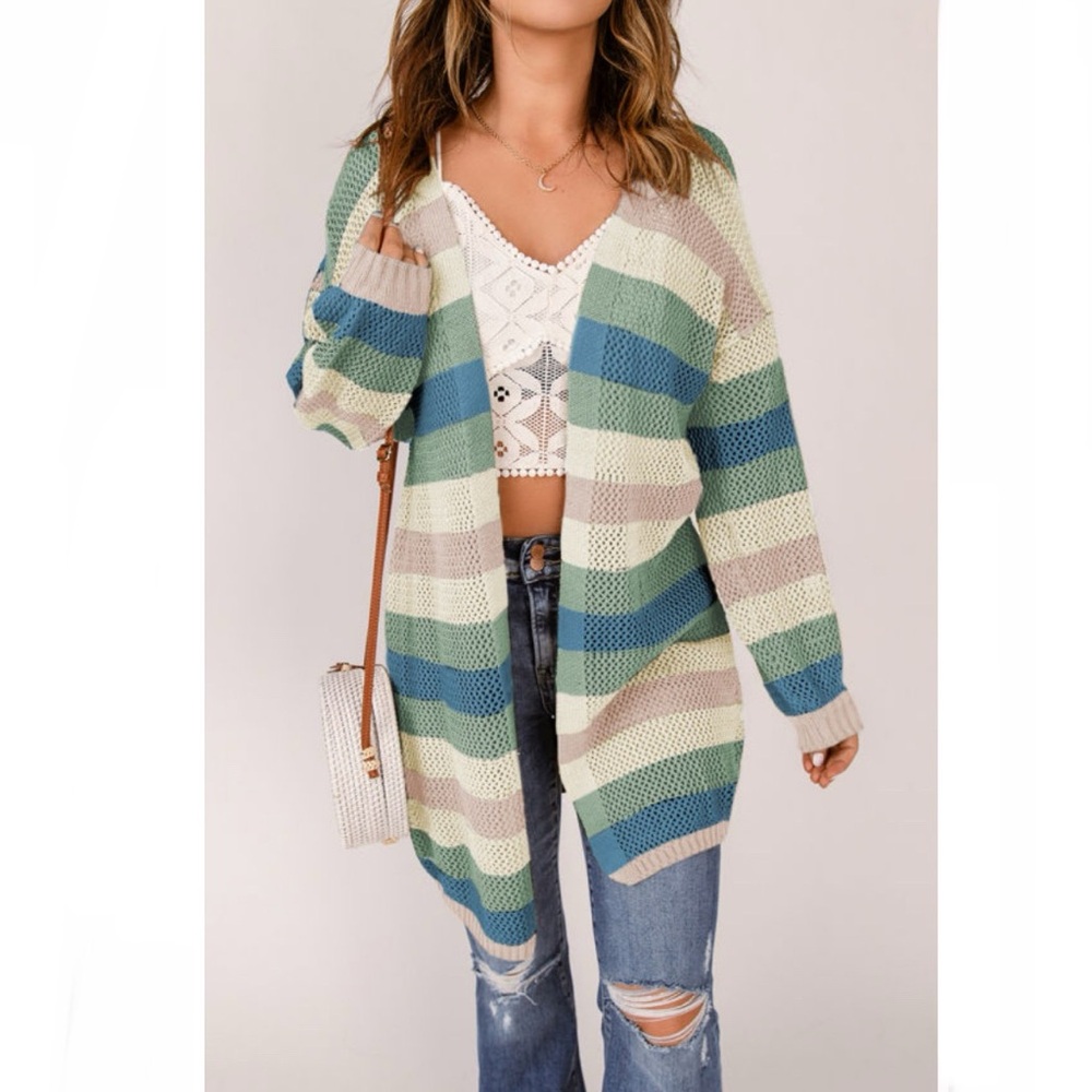Green Striped Hollowed Knit Cardigan - Picture 4 of 10